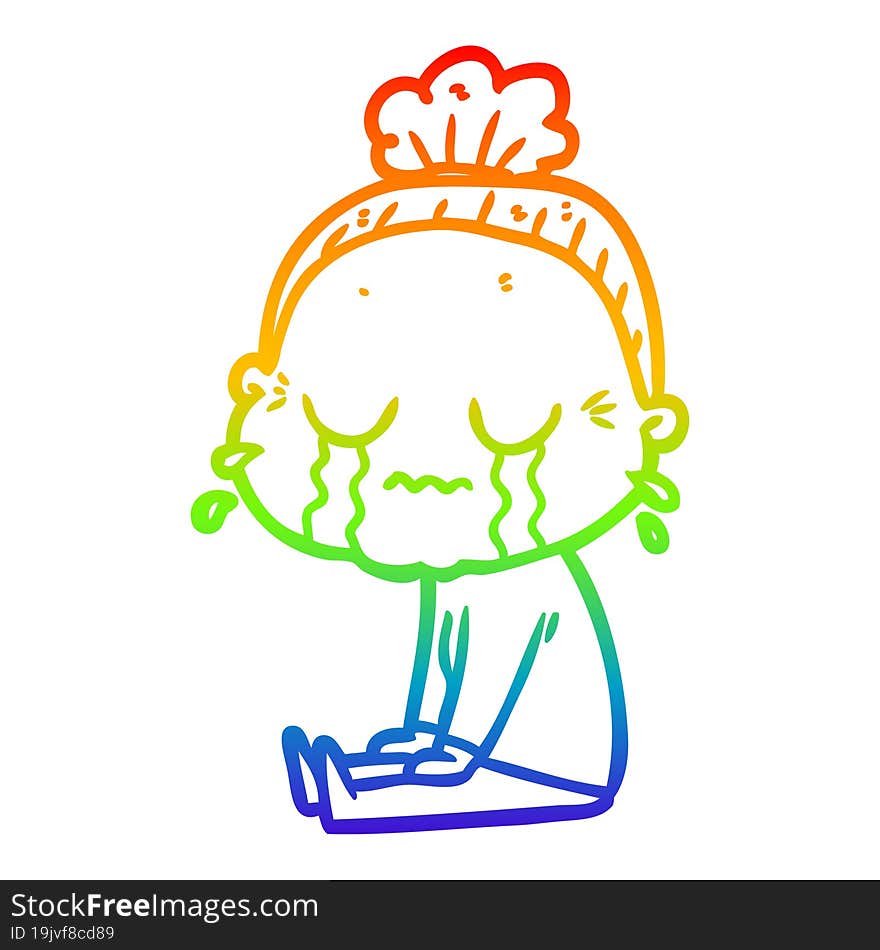 rainbow gradient line drawing of a cartoon crying old lady