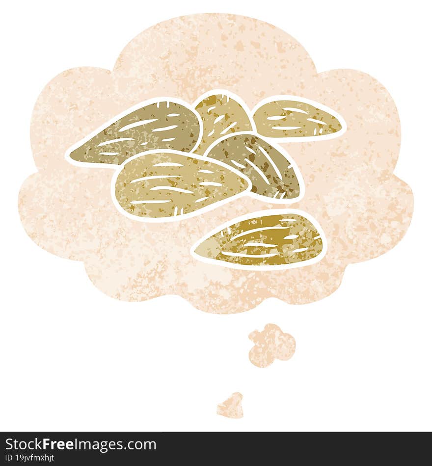 cartoon almonds and thought bubble in retro textured style