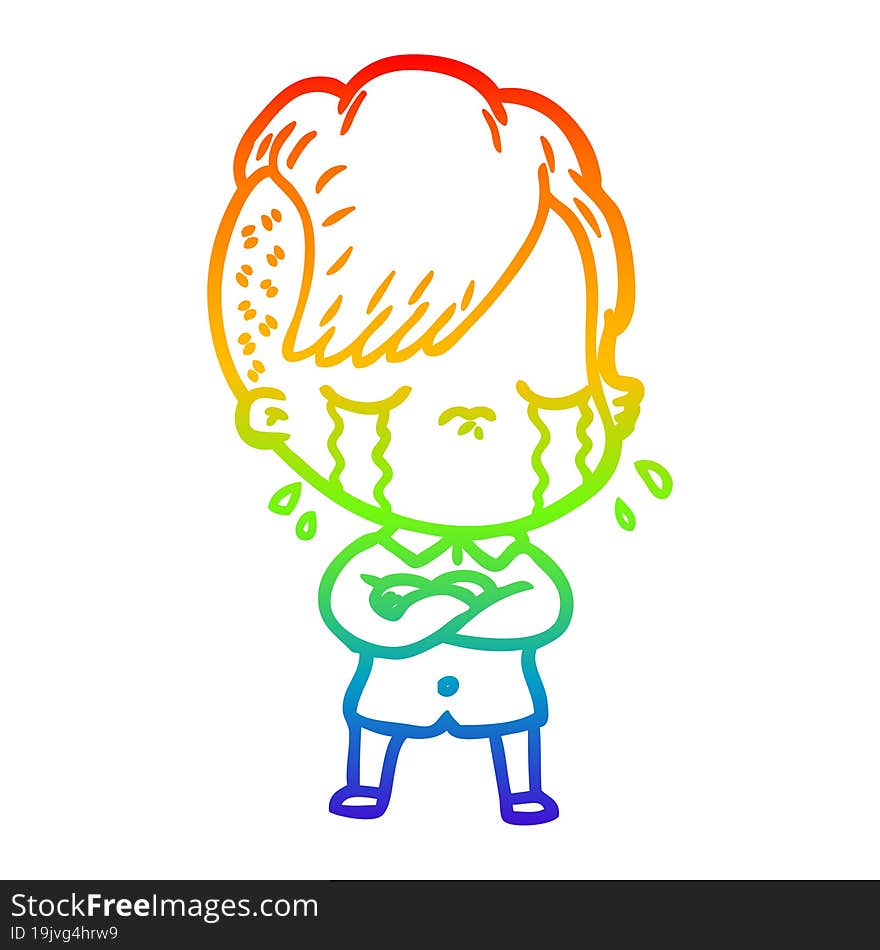 rainbow gradient line drawing of a cartoon crying girl with crossed arms