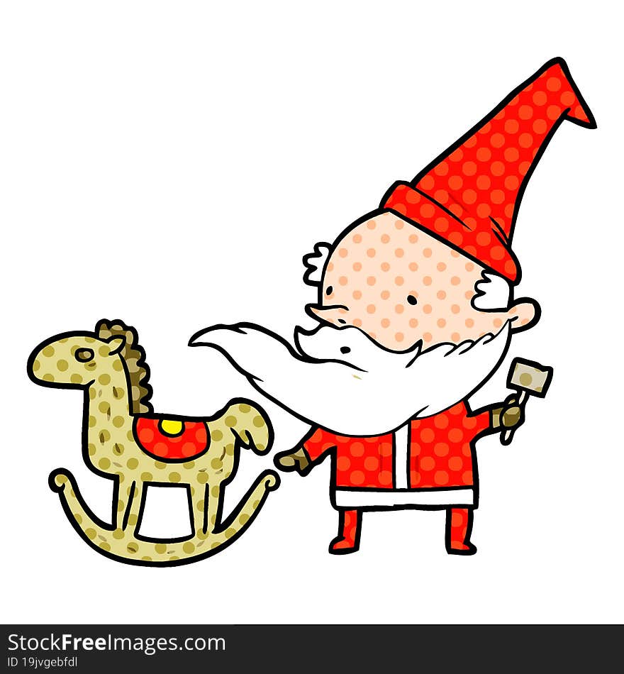 cartoon santa (or elf) making a rocking horse. cartoon santa (or elf) making a rocking horse