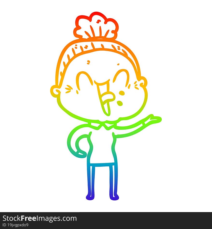 rainbow gradient line drawing of a cartoon happy old woman