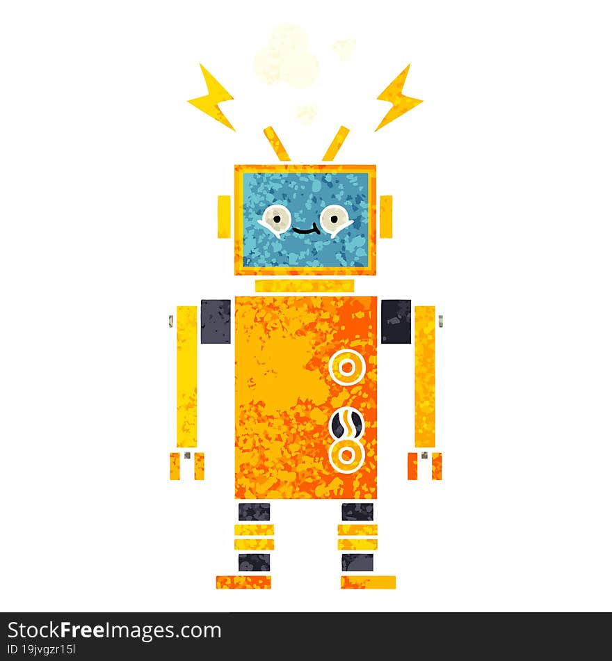 retro illustration style cartoon of a malfunctioning robot