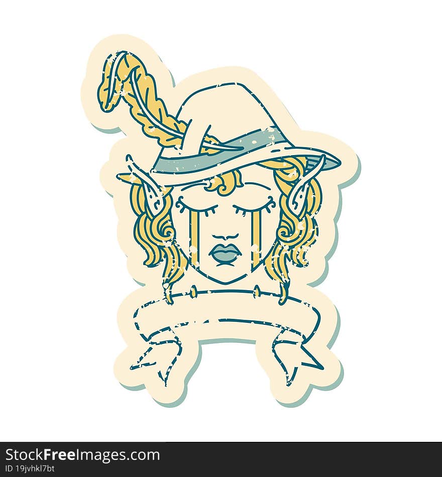 Retro Tattoo Style crying elf bard character face with banner. Retro Tattoo Style crying elf bard character face with banner