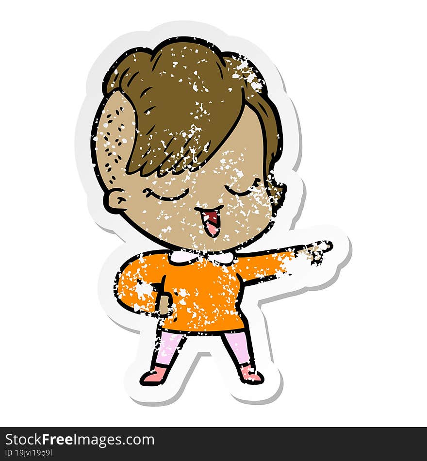 distressed sticker of a happy cartoon girl pointing