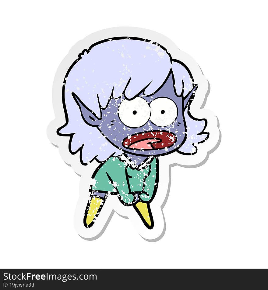 distressed sticker of a cartoon shocked elf girl