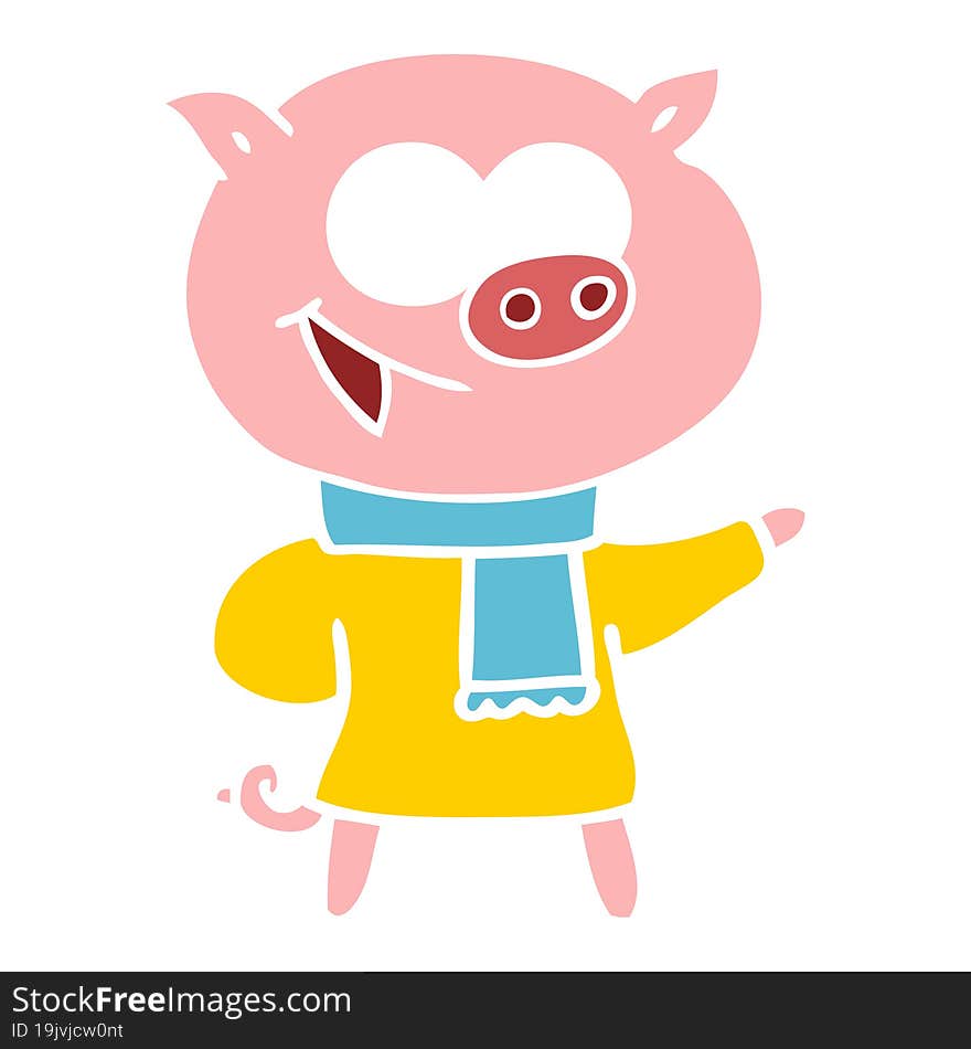 cheerful pig wearing winter clothes flat color style cartoon