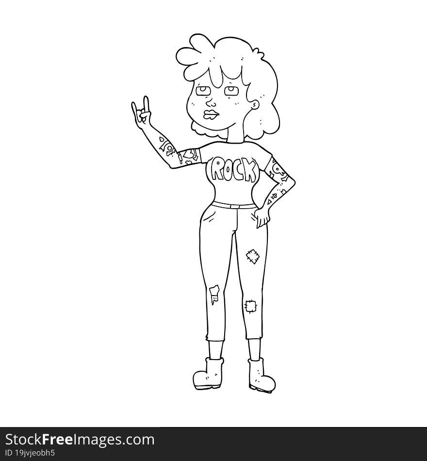 freehand drawn black and white cartoon rocker girl