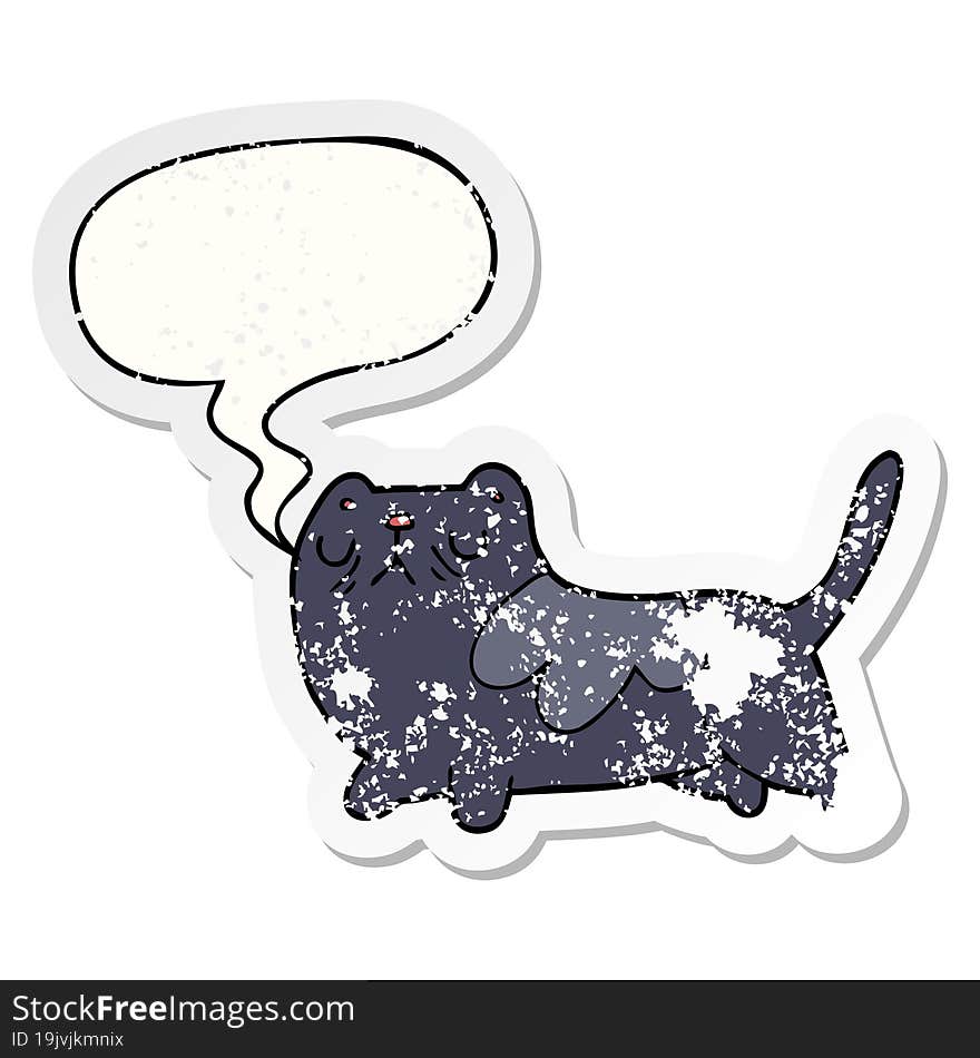 cartoon cat with speech bubble distressed distressed old sticker. cartoon cat with speech bubble distressed distressed old sticker