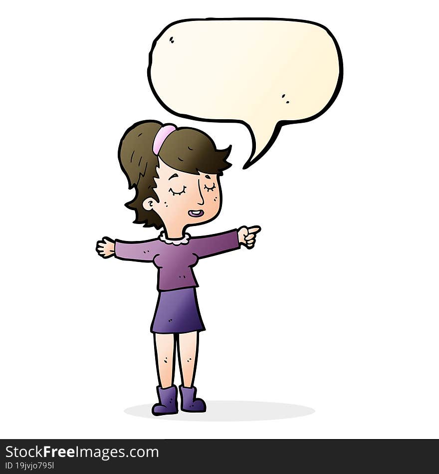 cartoon happy woman pointing with speech bubble