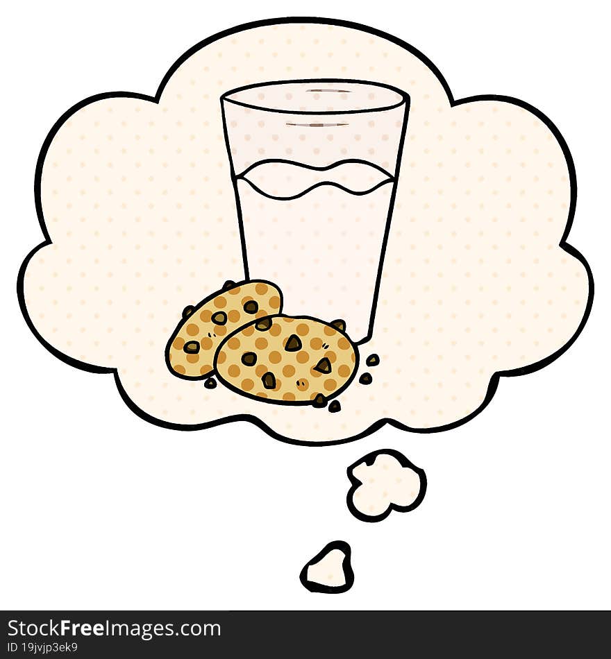 Cartoon Cookies And Milk And Thought Bubble In Comic Book Style