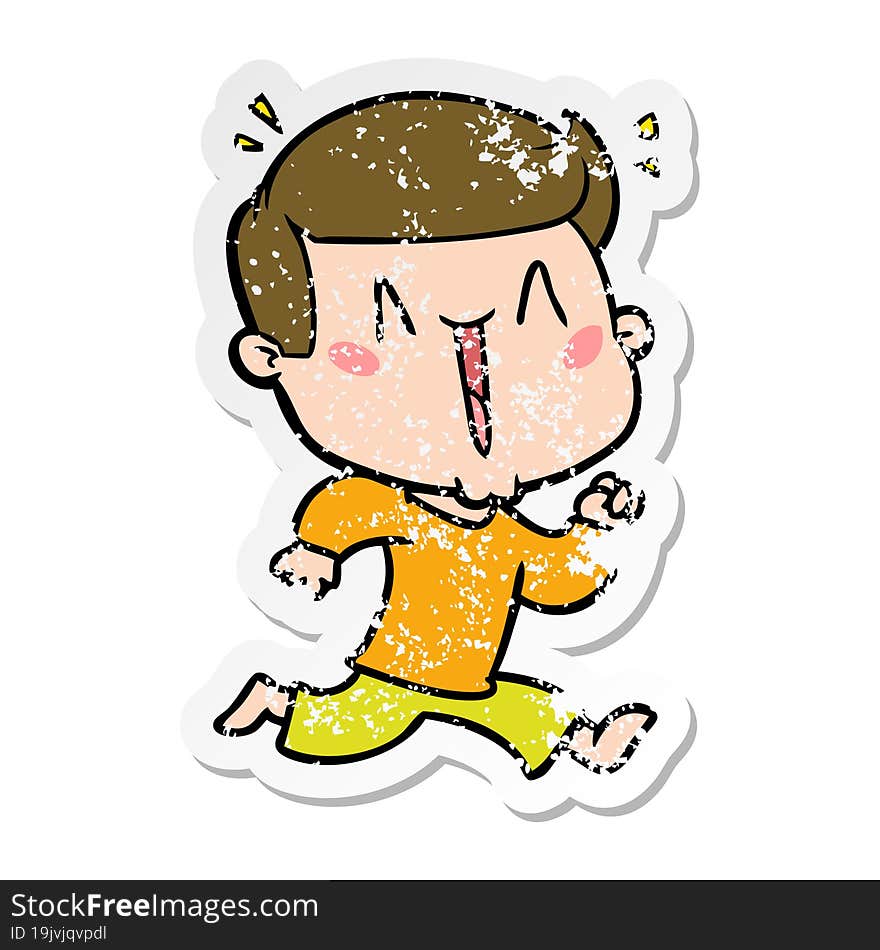 distressed sticker of a cartoon excited man