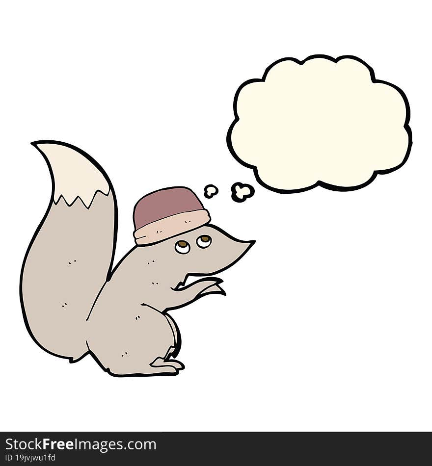 cartoon squirrel wearing hat with thought bubble