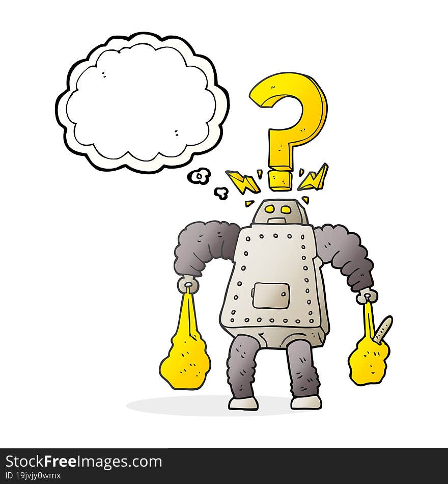 thought bubble cartoon confused robot carrying shopping