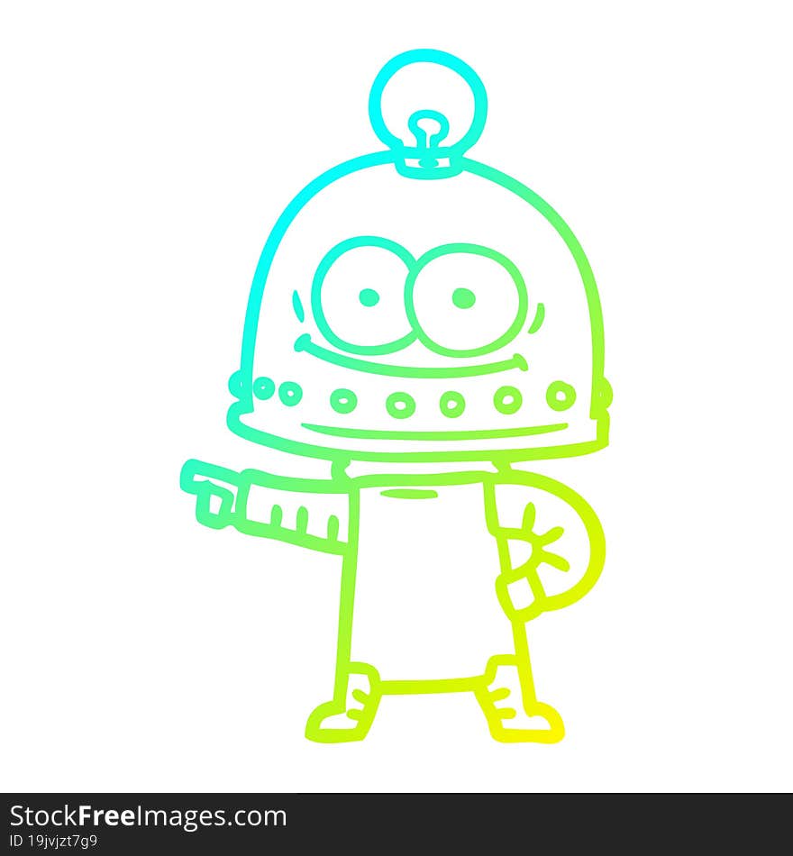 cold gradient line drawing of a happy carton robot with light bulb