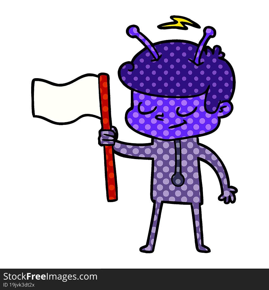 friendly cartoon spaceman with white flag. friendly cartoon spaceman with white flag