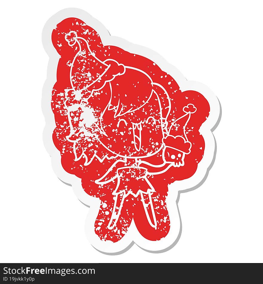 Cute Cartoon Distressed Sticker Of A Happy Vampire Girl Wearing Santa Hat