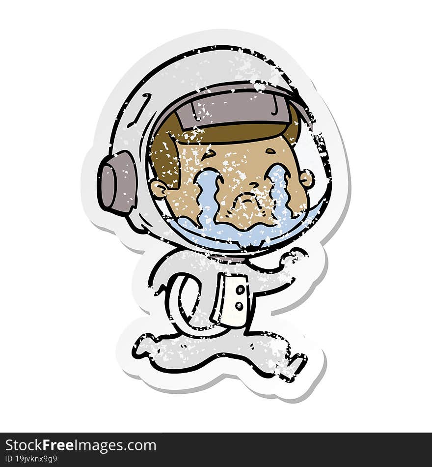 distressed sticker of a cartoon crying astronaut