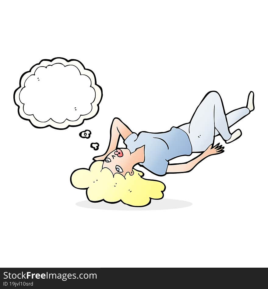 cartoon woman lying on floor with thought bubble