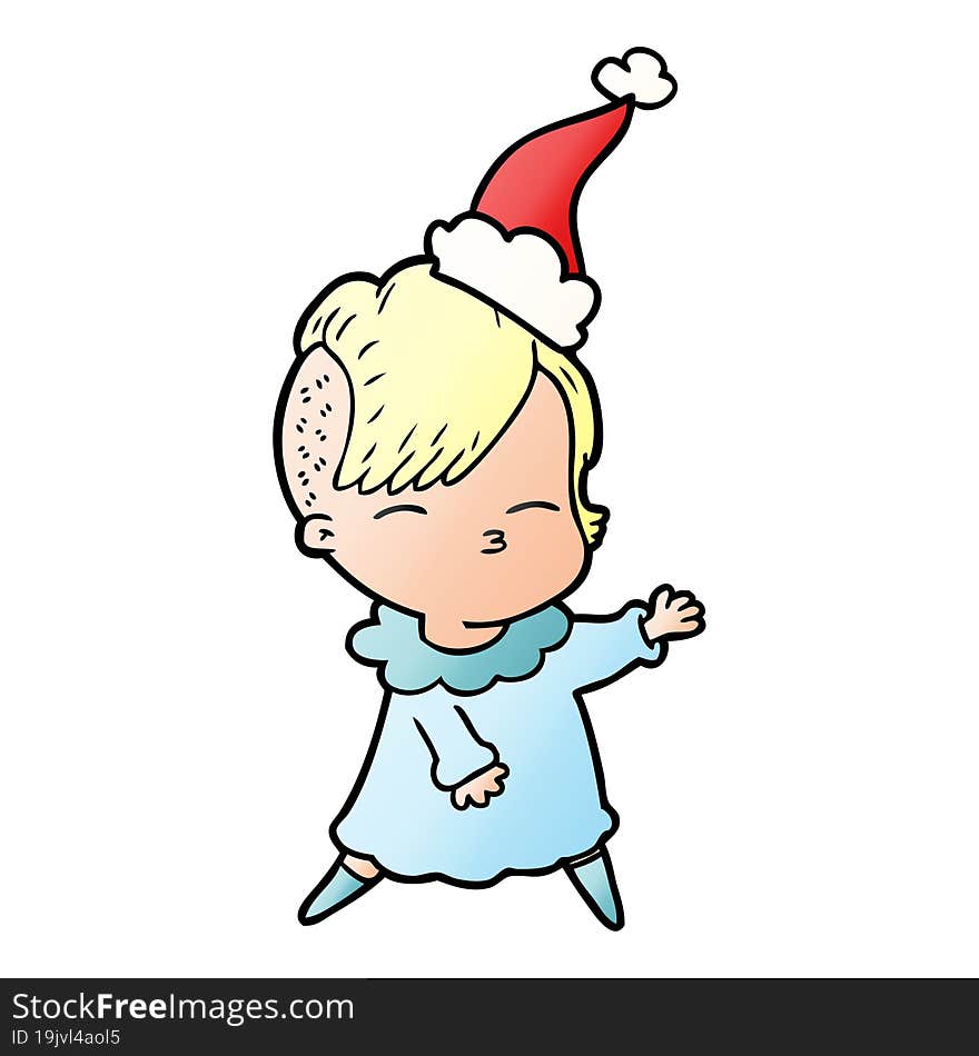 gradient cartoon of a squinting girl wearing santa hat