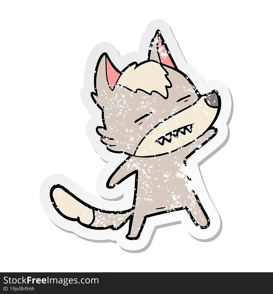 distressed sticker of a cartoon wolf showing teeth