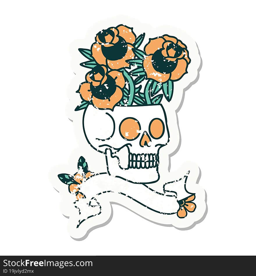 grunge sticker with banner of a skull and roses