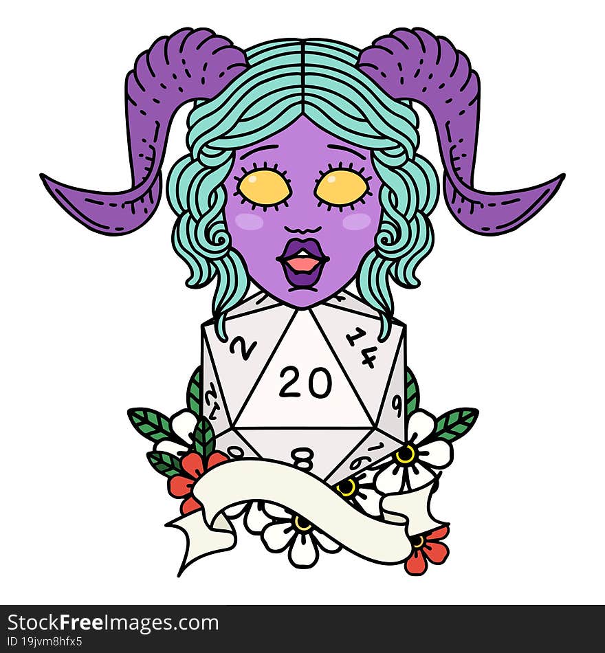 Retro Tattoo Style tiefling with natural twenty dice roll. Retro Tattoo Style tiefling with natural twenty dice roll