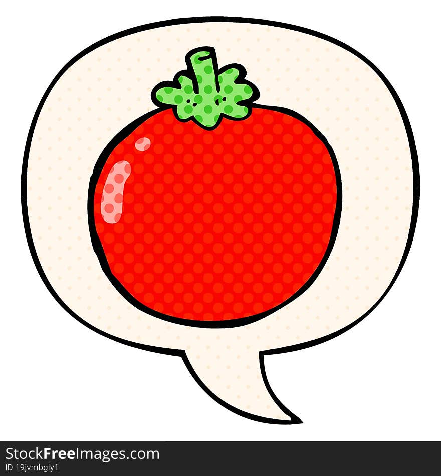 cartoon tomato and speech bubble in comic book style