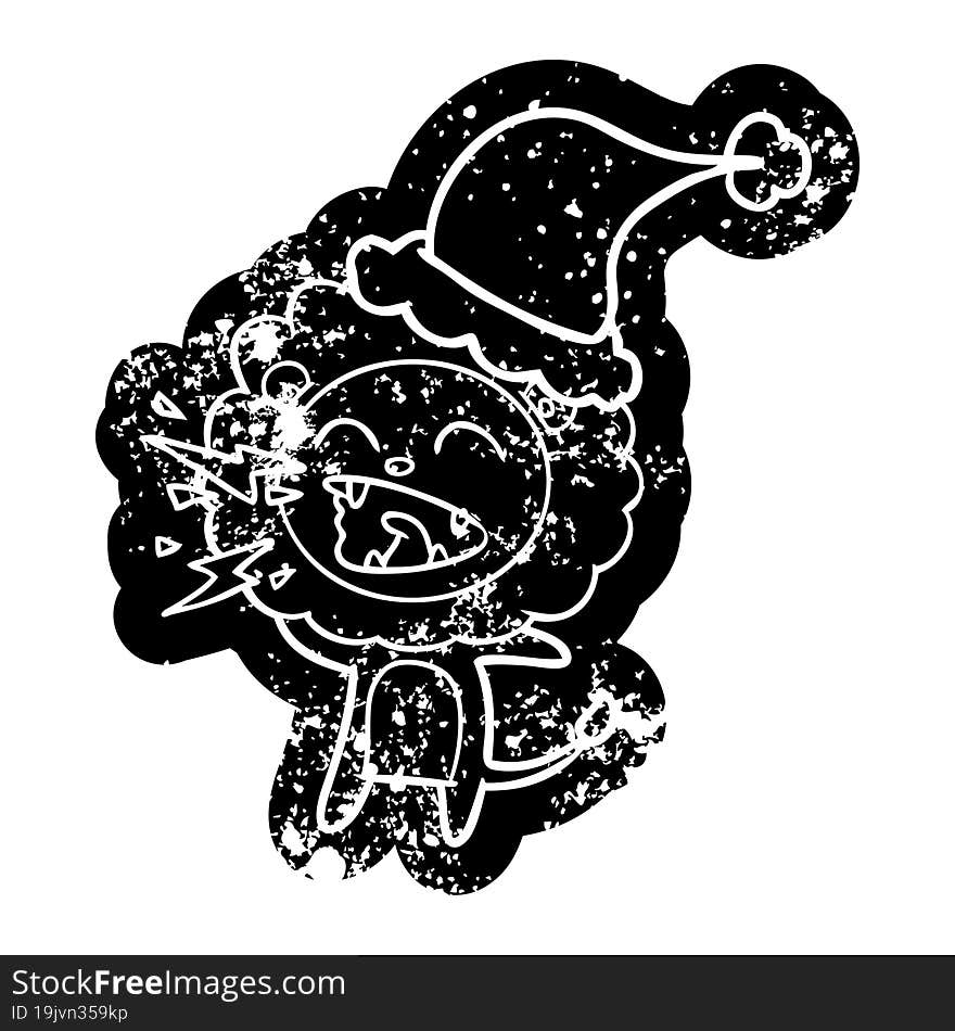 Cartoon Distressed Icon Of A Roaring Lion Wearing Santa Hat