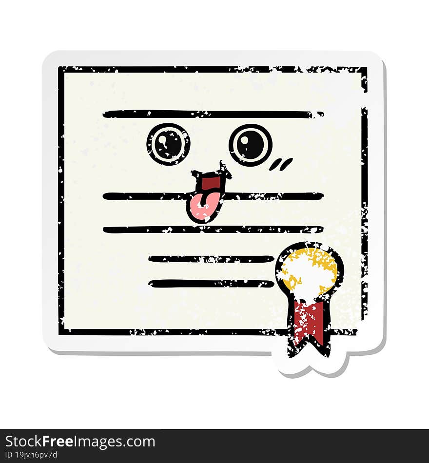 distressed sticker of a cute cartoon graduation diploma