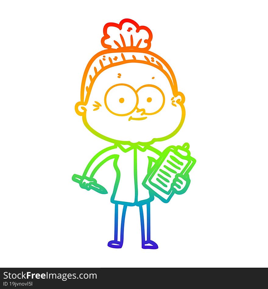 rainbow gradient line drawing of a cartoon happy old woman