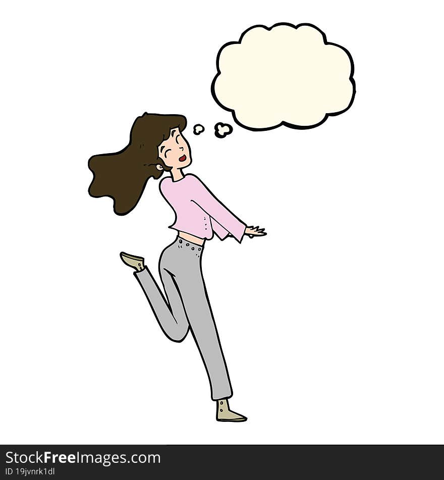 cartoon happy girl kicking out leg with thought bubble