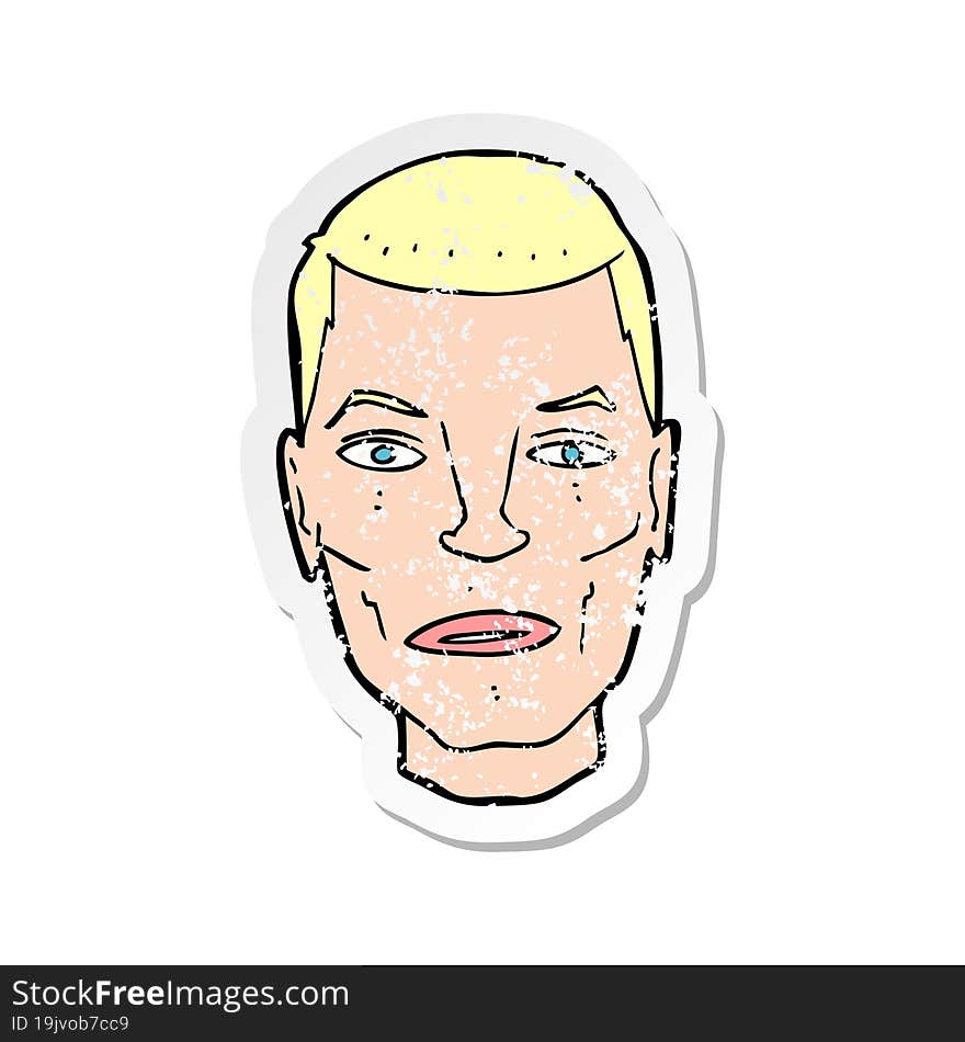 retro distressed sticker of a cartoon serious male face