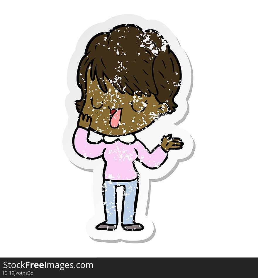 distressed sticker of a cartoon woman talking