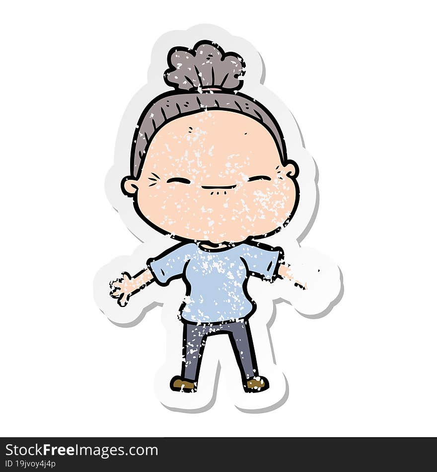 distressed sticker of a cartoon peaceful old woman