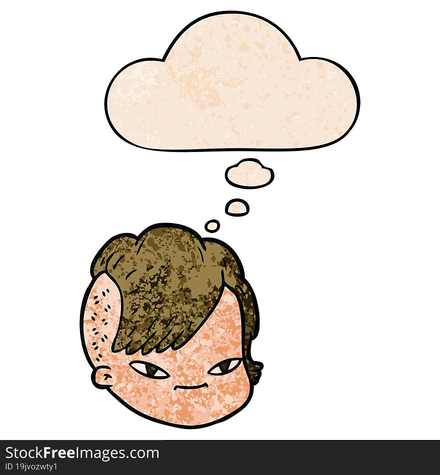 cartoon female face with thought bubble in grunge texture style. cartoon female face with thought bubble in grunge texture style