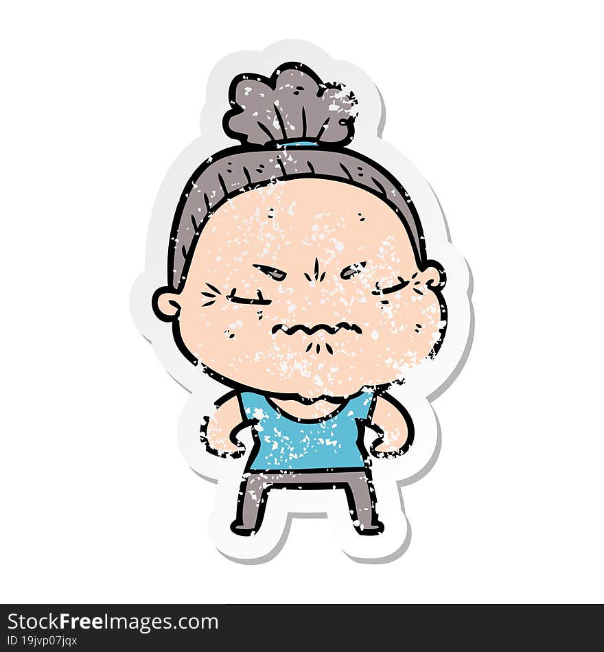 distressed sticker of a cartoon annoyed old lady