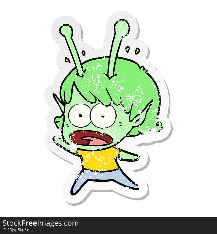 distressed sticker of a cartoon shocked alien girl