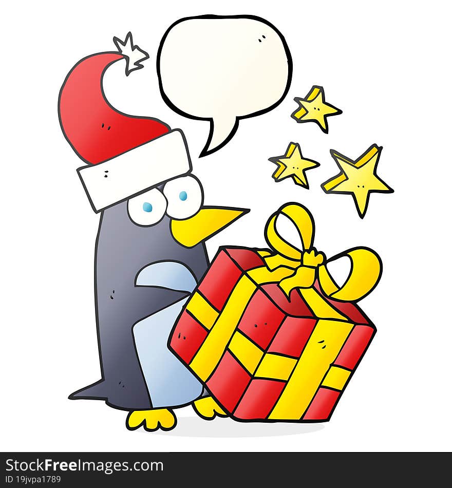 speech bubble cartoon christmas penguin with present