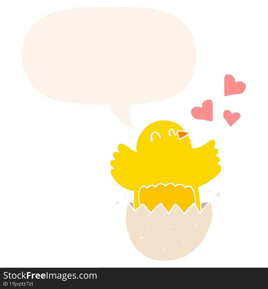 cute hatching chick cartoon and speech bubble in retro style