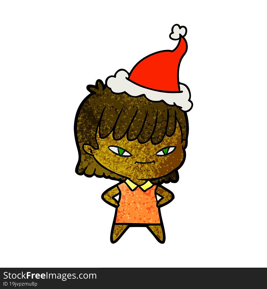 hand drawn textured cartoon of a woman wearing santa hat