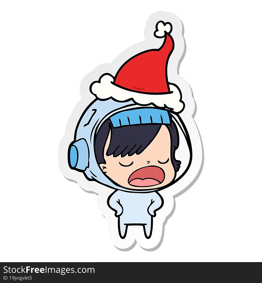 sticker cartoon of a astronaut woman explaining wearing santa hat