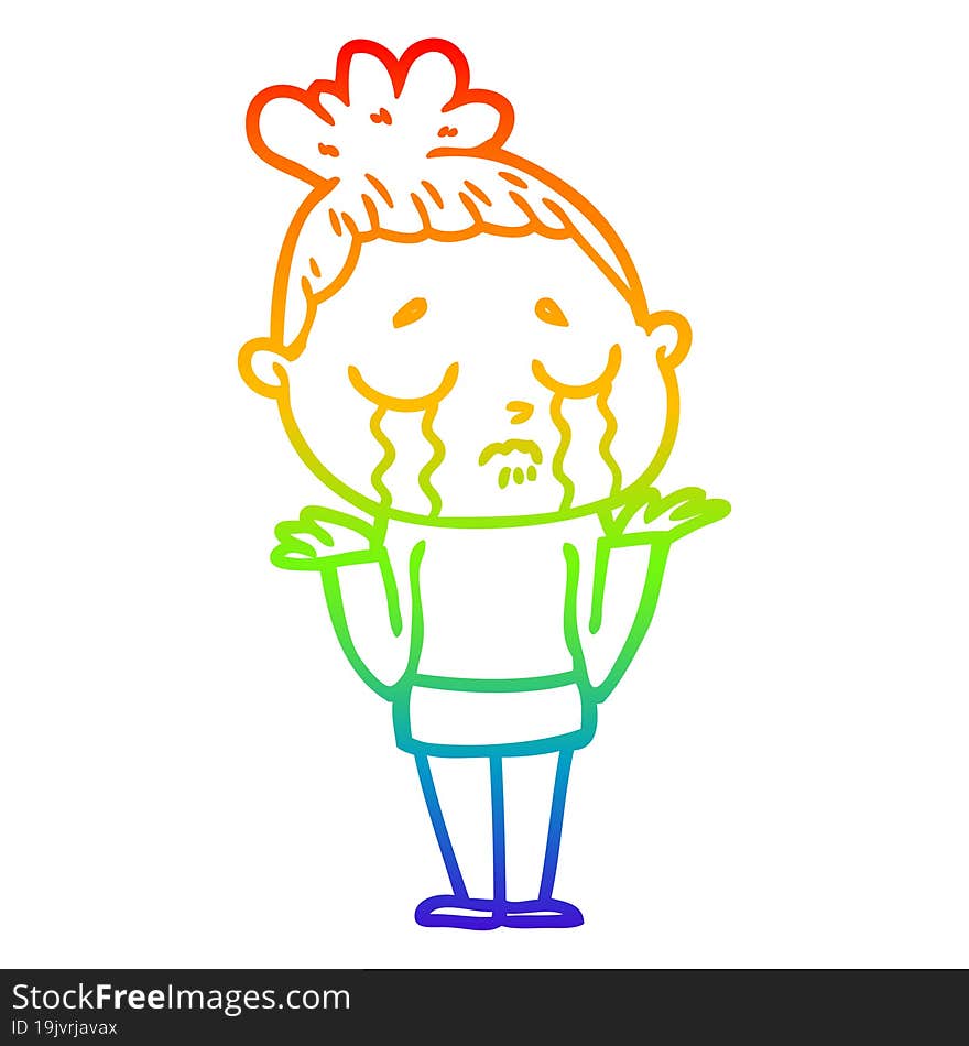 Rainbow Gradient Line Drawing Cartoon Crying Woman Shrugging