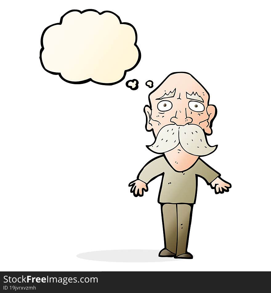 cartoon sad old man with thought bubble