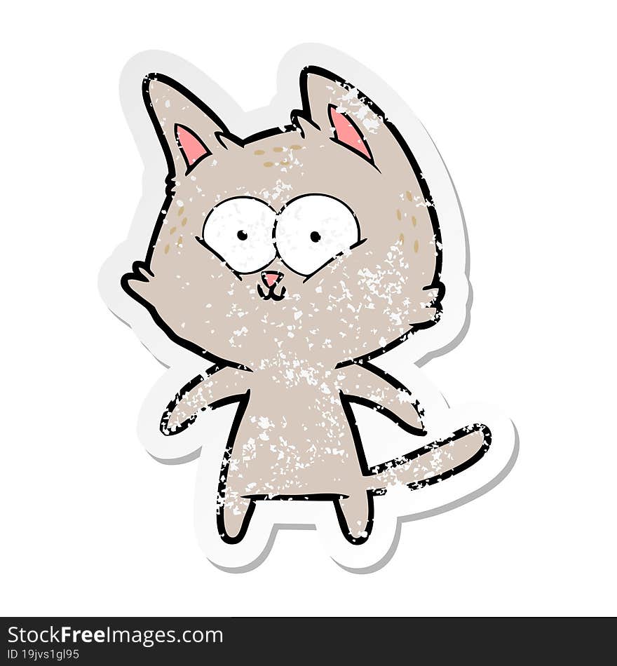 distressed sticker of a happy cartoon cat