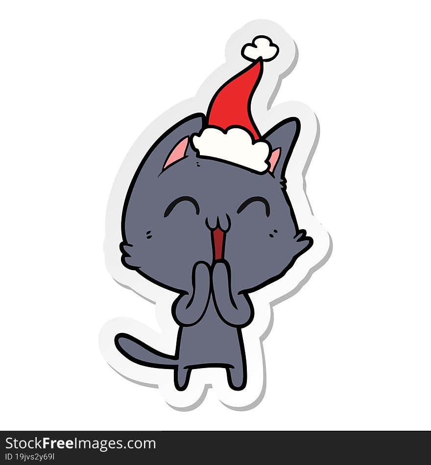 Happy Sticker Cartoon Of A Cat Wearing Santa Hat