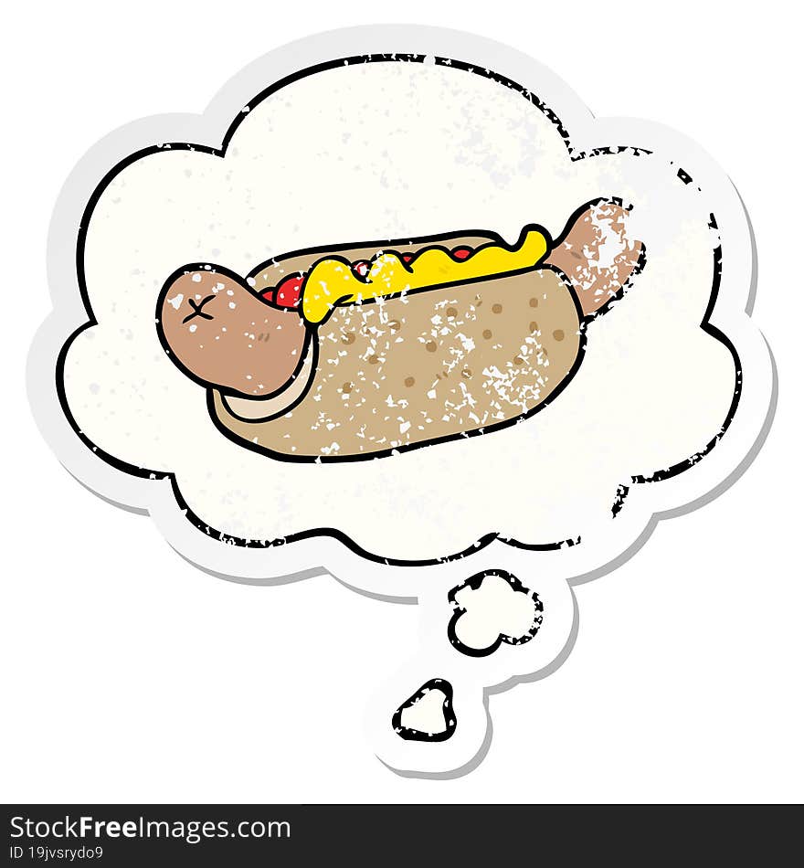 cartoon hot dog and thought bubble as a distressed worn sticker