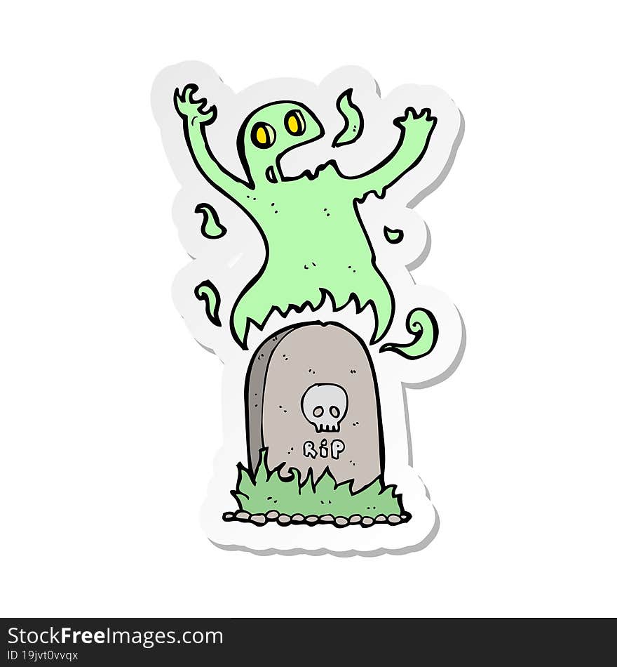 sticker of a cartoon ghost rising from grave