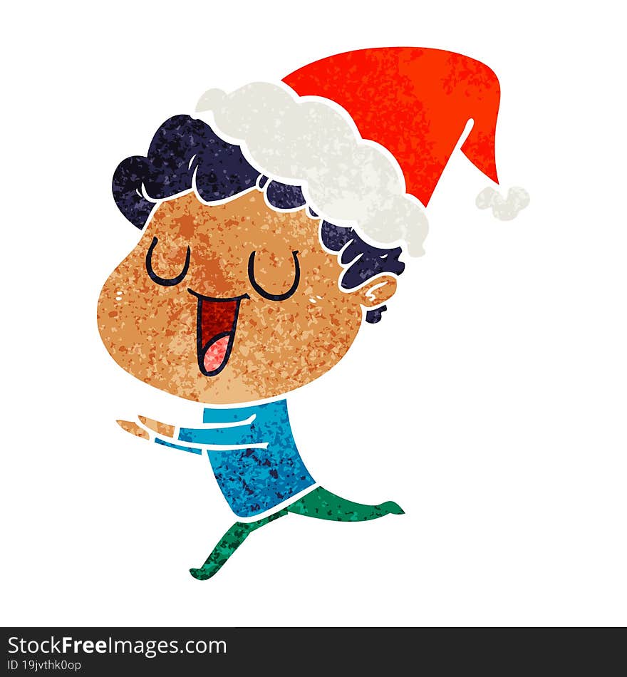 Laughing Retro Cartoon Of A Man Running Wearing Santa Hat