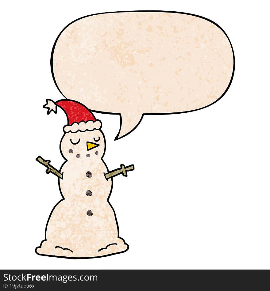 cartoon christmas snowman and speech bubble in retro texture style