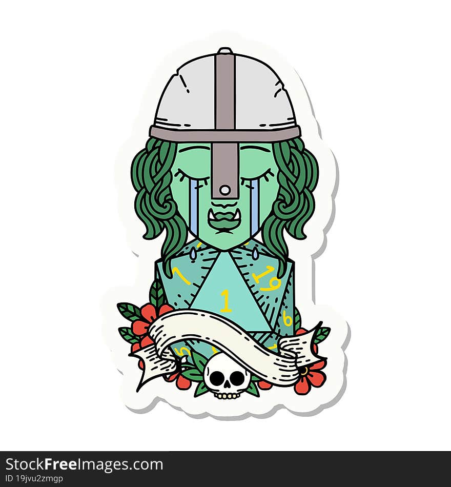 Crying Orc Fighter Character Face With Natural One D20 Roll Sticker